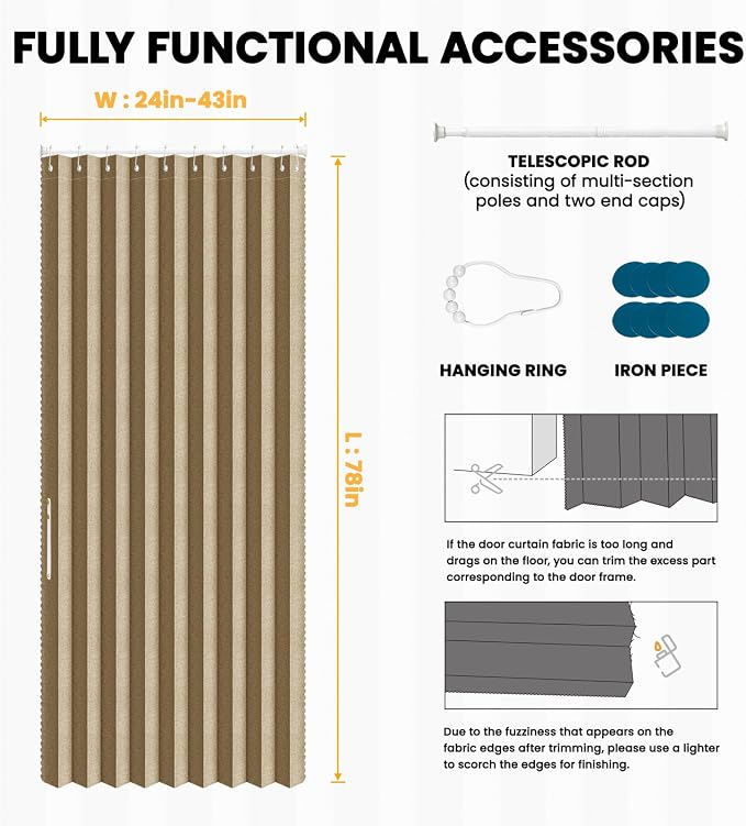 AJAZZ Set: Curtain Rods No Drilling (28-39" W Adjustable Range) & Accordion Door Curtain, Brown 42W×78" L, Accordion Doors for Closet Doorway Room Divider