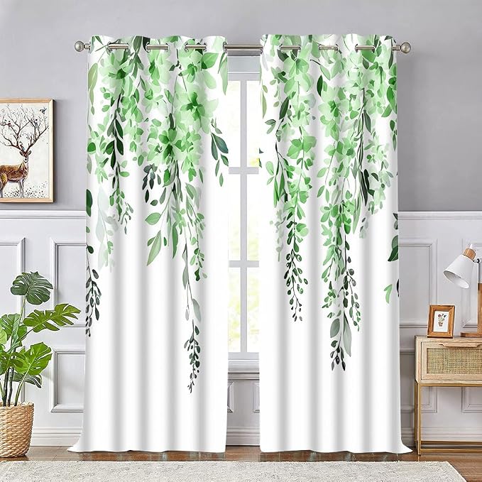Green Watercolor Floral Curtains, 42x84 inch, 2 Panels | Botanical Leaves Vine Flowers, Rustic Farmhouse, Blackout Window Treatment, For Bedroom Living Room