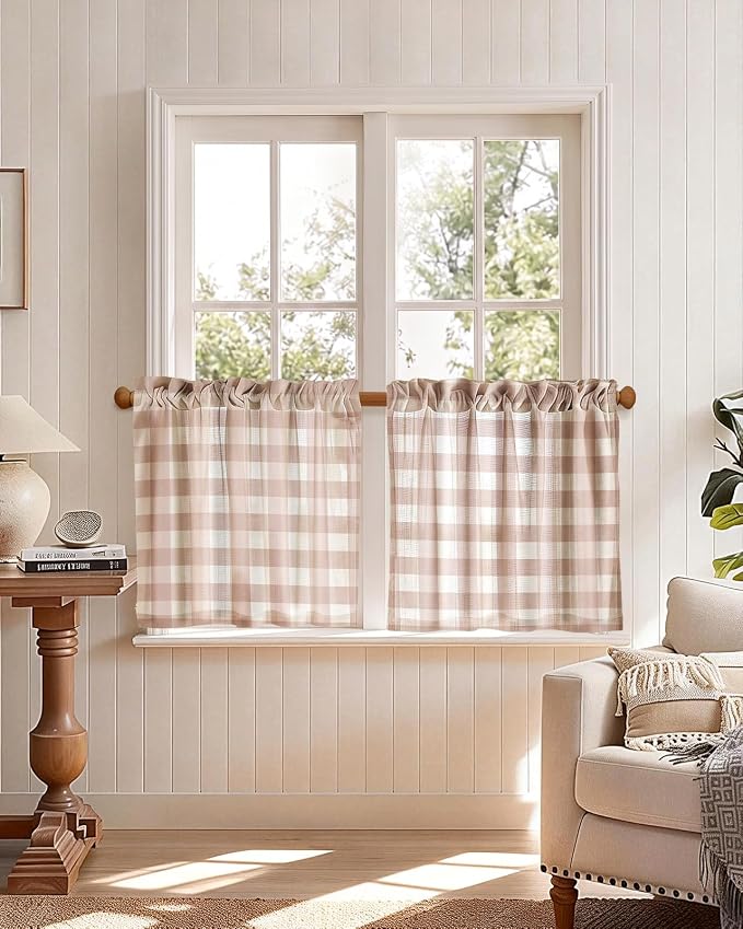 Miss Adola Farmhouse Kitchen Tier Curtains - 24 Inch Length Linen Blend Cafe Curtains Plaid Small Window Treatments Over Sink Rod Pocket for Bathroom Living Room Light Filtering, 2 Panels