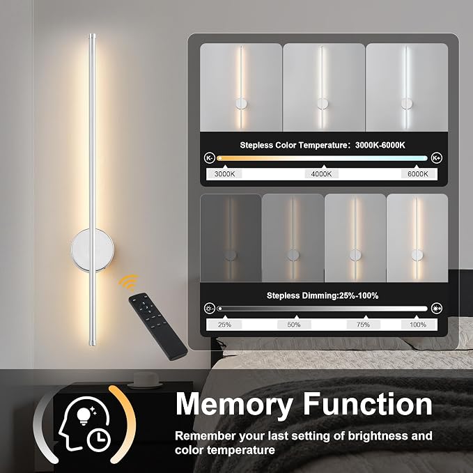 Battery Operated Modern Wall Sconces, Dimmable Wireless Wall Light Set of Two with Remote Control, 3 Color Temperatures, Rechargeable LED Wall Sconce for Bedroom, Living Room, Hallway 23.6 Inch Chrome