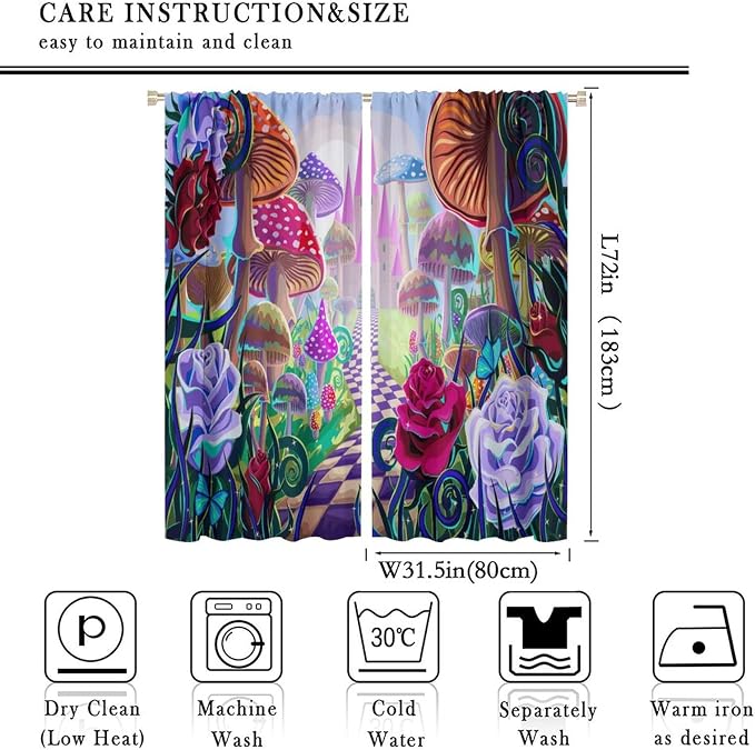 Fantasy Mushroom Curtains,Fairytale Forest Plant Castle Print Window Treatments for Bedroom Living Room Kitchen Colorful Cartoon Floral Window Drapes 2 Panels Set,Total Size63 x 72 Inch