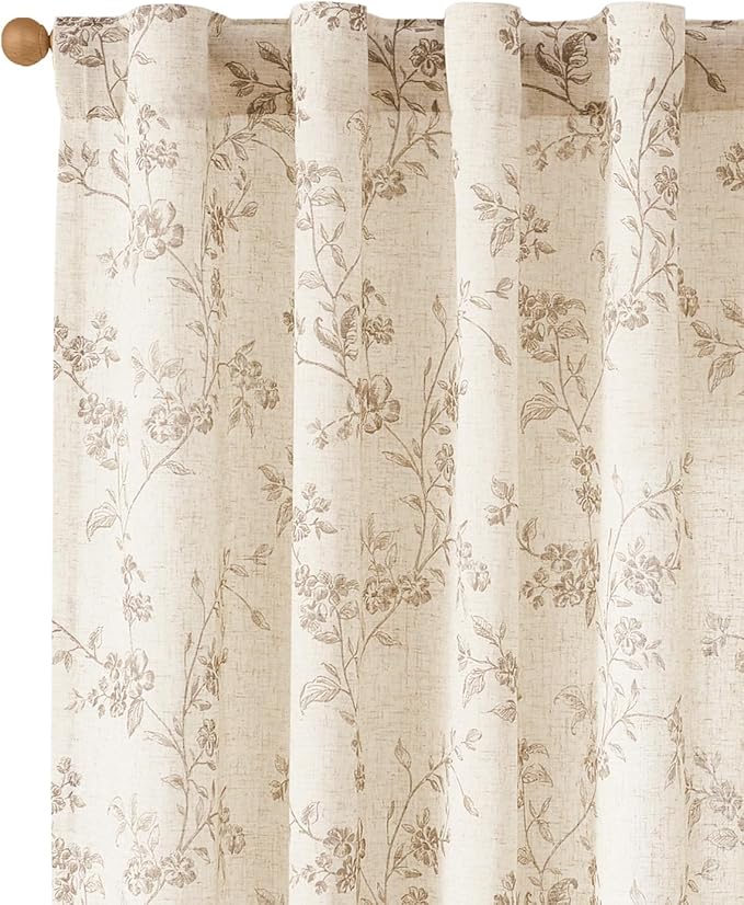 jinchan Taupe Floral Linen Curtains 96 Inch Farmhouse Back Tab 2 Panels | Flower patterned drapes, french country, light filtering, semi sheer, printed, bedroom, living room, office, window treatment