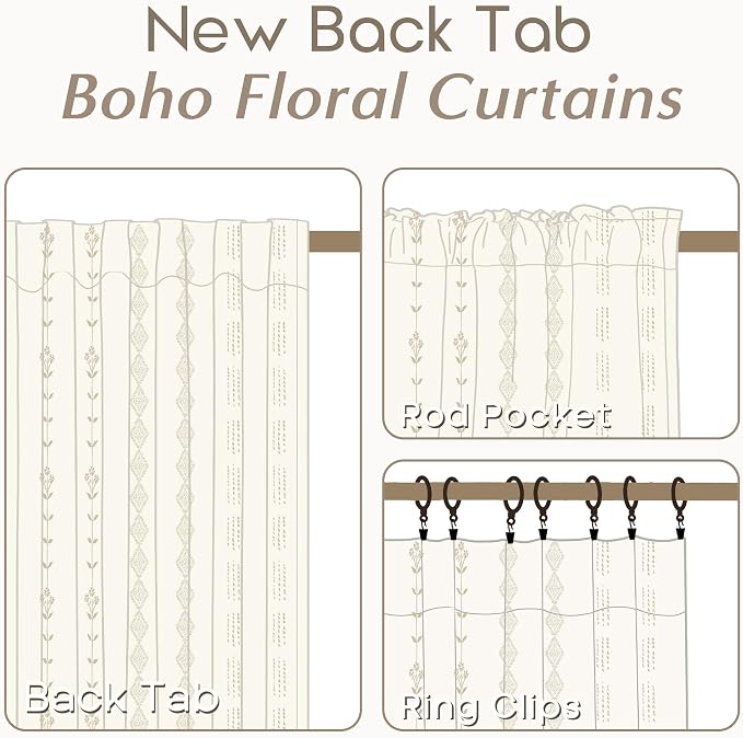 Linen Curtains 96 Inches Long for Bay Window 2 Panel Sets,Cream Colored 8 FT 8FT Khaki Boho Vintage Floral at Home Office Curtains for Living Room 96 Inch Length