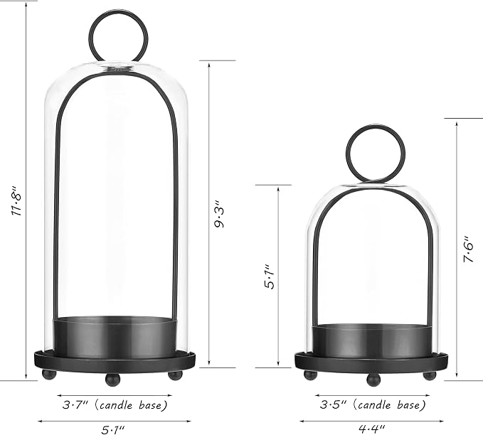 Hurricane Candle Holders Set of 2, 5" & 4" Metal and Glass Candle Lantern with Clear Dome for Pillar Candle, Wedding & Christmas Table Centerpiece, Farmhouse Home Decor (Black, Large & Small)