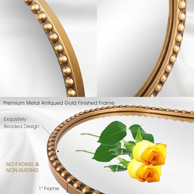 Oval Full Length Mirror, 16"x47" Metal Beaded Frame Large Hanging Dressing Floor Mirror for Bedroom, Living Room, Entryway, Antique Gold (No Stand)