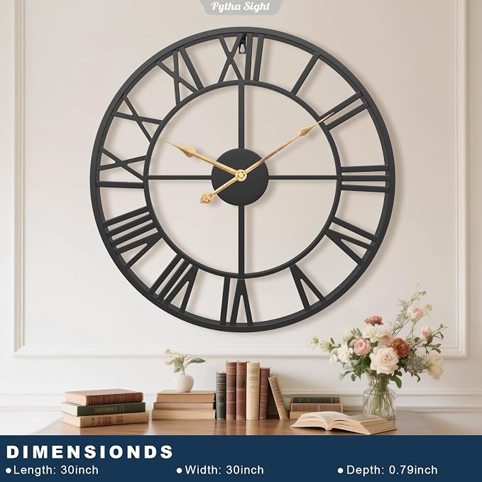 Pytha Sight 30 Inch Extra Large Giant Wall Clock,Oversized Round Silent Vintage Industrial Black Metal Farmhouse Big Roman Numeral Wall Clocks for Living Room,Kitchen,Bedroom Home Decor