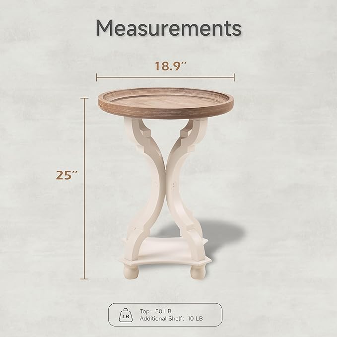 COZAYH Farmhouse Cottagecore End Table, Rustic Wood Tray Top Round Accent Table with White Curved Legs for Family Room, Living Room, or Small Spaces