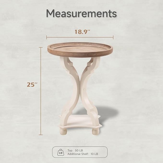 Set of 2 Rustic Farmhouse Cottagecore Accent End Table, Natural Tray Top Side Table Nightstand for Family, Dinning or Living Room, Handcrafted Finish, Modern, White (2 Pack)