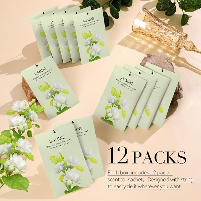 Jasmine Scented Sachet Bags - 12 Pack Drawer & Closet Freshener, Long Lasting Odor Eliminator for Wardrobes, Cars & Storage, Home Fragrance Air Freshener Sachets