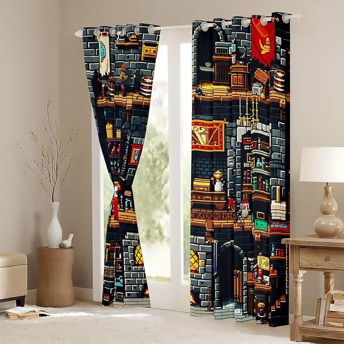 Castle Fairy Building Games Window Curtain,Sandbox Block Pixelated Bedroom Decor Curtains for Teens Boys,Miner Style Window Treatment Cartoon Checkered Blackout Drapes 2 Panels,52Wx96L