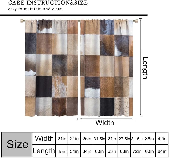 Cowhide Blackout Curtain, Retro Animal Spotted Brown Cow Texture Print Drapes, Rod Pocket Window Treatments 2 Panels Curtains for Nursery Bedroom Living Room Kitchen Decor 42" W X 54" L