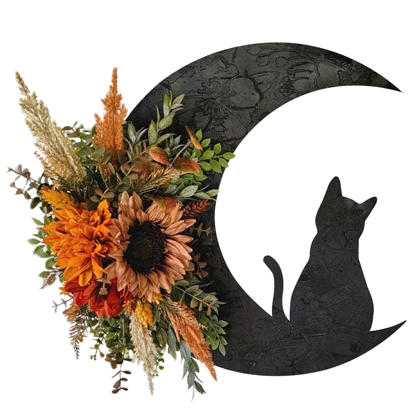 Halloween Wreaths for Front Door, Black Cat on Moon Garland with Rose Wreath Decor, Halloween Decorations Crescent Moon Wreath for Home Party Window Wall Indoor Outdoor (orange flower)