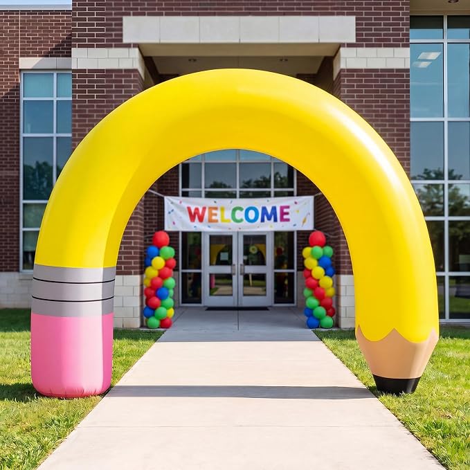 RattanView 8 ft Back to School Pencil Inflatable Arch Yard Decoration Kindergarten Inflatables Arch Preschool Large Yellow Pencil Blow up with LED Lights for Outdoor Lawn Garden Backdrop Photo Props