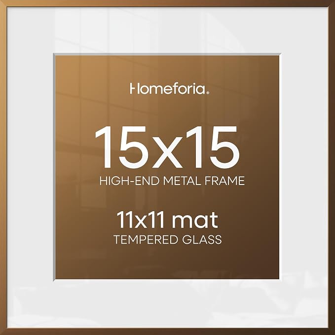Homeforia 15x15 Picture Bronze Frame, High End Metal 15 x 15 Square Poster Frame with Mat 11 x 11 Photo, 15x15 Brass Frame Matted to 11x11 Print, 15by15 Thin Frames, Tempered Glass, Wall Kit, Set of 1