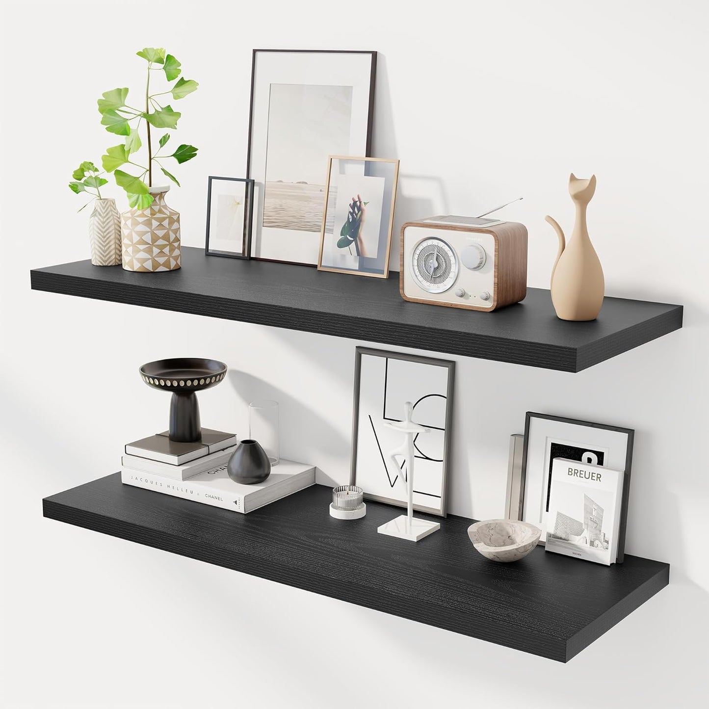 40" Floating Shelves for Wall, 12" Deep Slim Black Floating Shelves, Wall-Mounted Shelves for Bedroom, Living Room, Kitchen, Bathroom - Set of 2