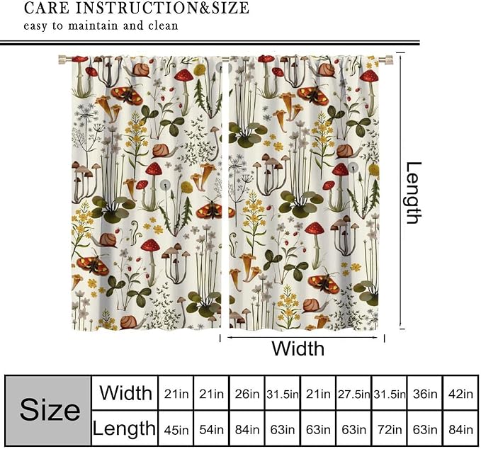 Rustic Mushroom Curtains, Farmhouse Country Fairy Tale Forest Wild Floral Botanical Nature Plants Herbs Moth Blackout Window Treatments for Kitchen Bedroom Livingroom, 52" W X 84" L