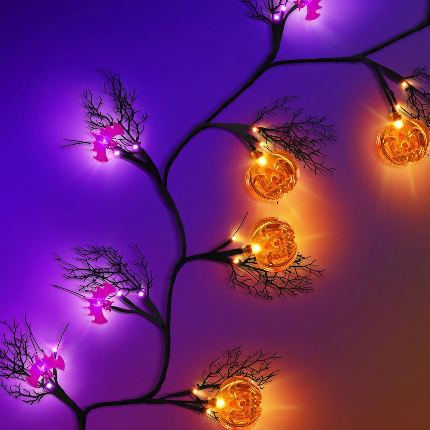 [8 Modes & Timer] 6Ft 45 LED Halloween Willow Vine Twig Garland with Orange Lights - Battery Operated, Waterproof Halloween Decor for Indoor Wall, Fireplace Mantle, Home Party (Pumpkins & Bats, 6FT)