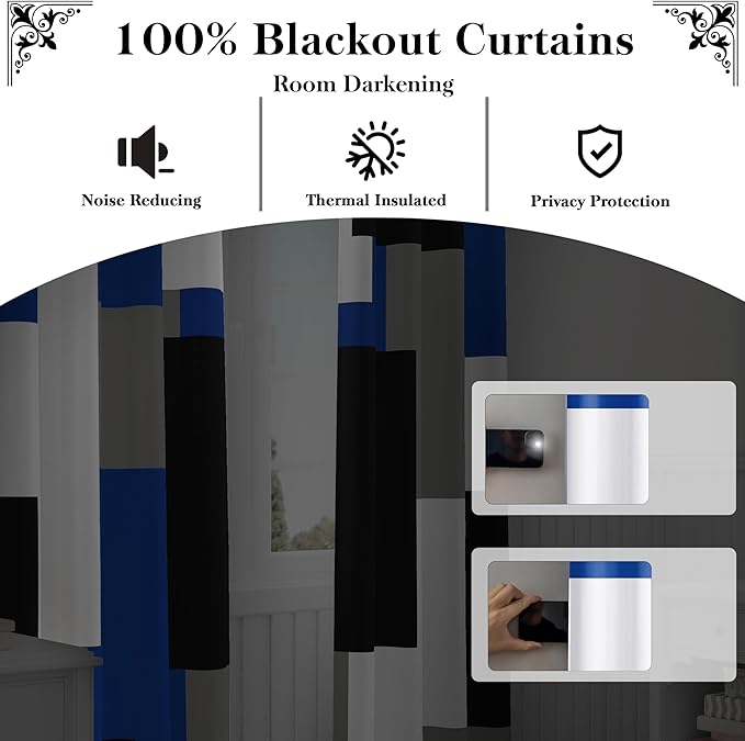 Tyrot Blue Gray 100% Blackout Curtains 45 inch Length 2 Panels Set White Grey Modern Abstract Geometric Drapes for Kitchen Black Out Curtains Insulated Room Darkening Small Window Curtains, 42Wx45L
