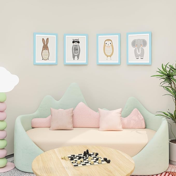 KINLINK 9x12 Kids Art Frame 2 Pack, Solid Wood Artwork Frames Changeable, Front Opening Hold 150 Pictures, Art Frames for Kids Artwork, 8.5x11 with Mat 9x12 without Mat, Picture Frames Light Blue