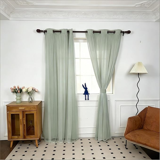 INLINAS Mint Blackout Curtains with Sheer Overlay - Grommet Top Thermal and Noise Reduction Panels for Bedroom and Living Room Light Blocking and Energy Saving, 37 x 84 Inches, Set of 2