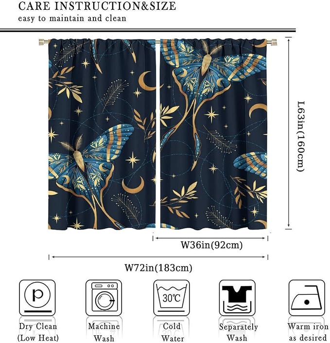 Witchy Curtains, Goth Curtains, Moth Decor, Star Curtains, Moth Curtains Darkening Curtains Botanical Curtains for Bedroom Living Room W72xL63 Inch