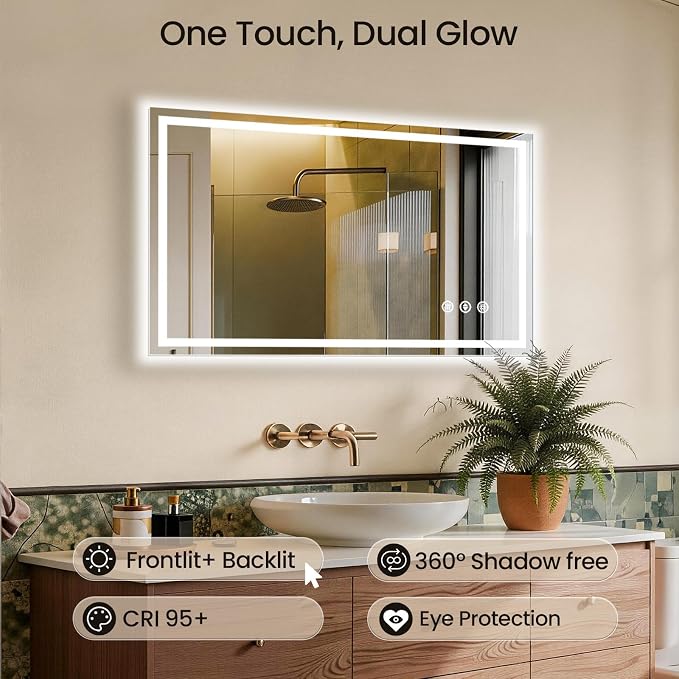 48X24 LED Bathroom Mirror with Lights, Anti-Fog, Backlit + Front Lit (CRI>90), Lighted Bathroom Vanity Mirror for Wall, Memory Function, Dimmable, Tempered Glass, Shatter-Proof