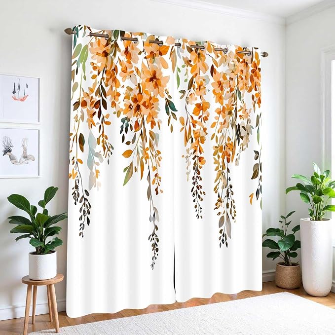 Orange Watercolor Floral Curtains, Botanical Leaves Vine Flowers Curtain, Rustic Farmhouse Flower Leaf Blackout Window Treatment Drapes for Bedroom Living Room 42x96 inch, 2 Panels