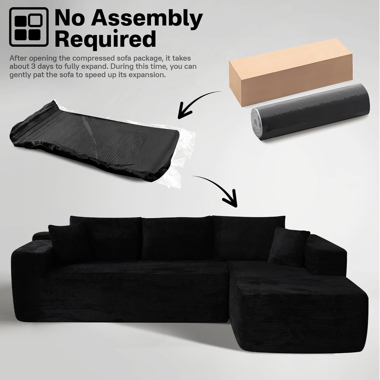 104" Cloud Sectional Couches for Living Room,L Shaped Boneless Couch in A Box,Sleeper Sofa with Comfy Chaise No Assembly Required,Black