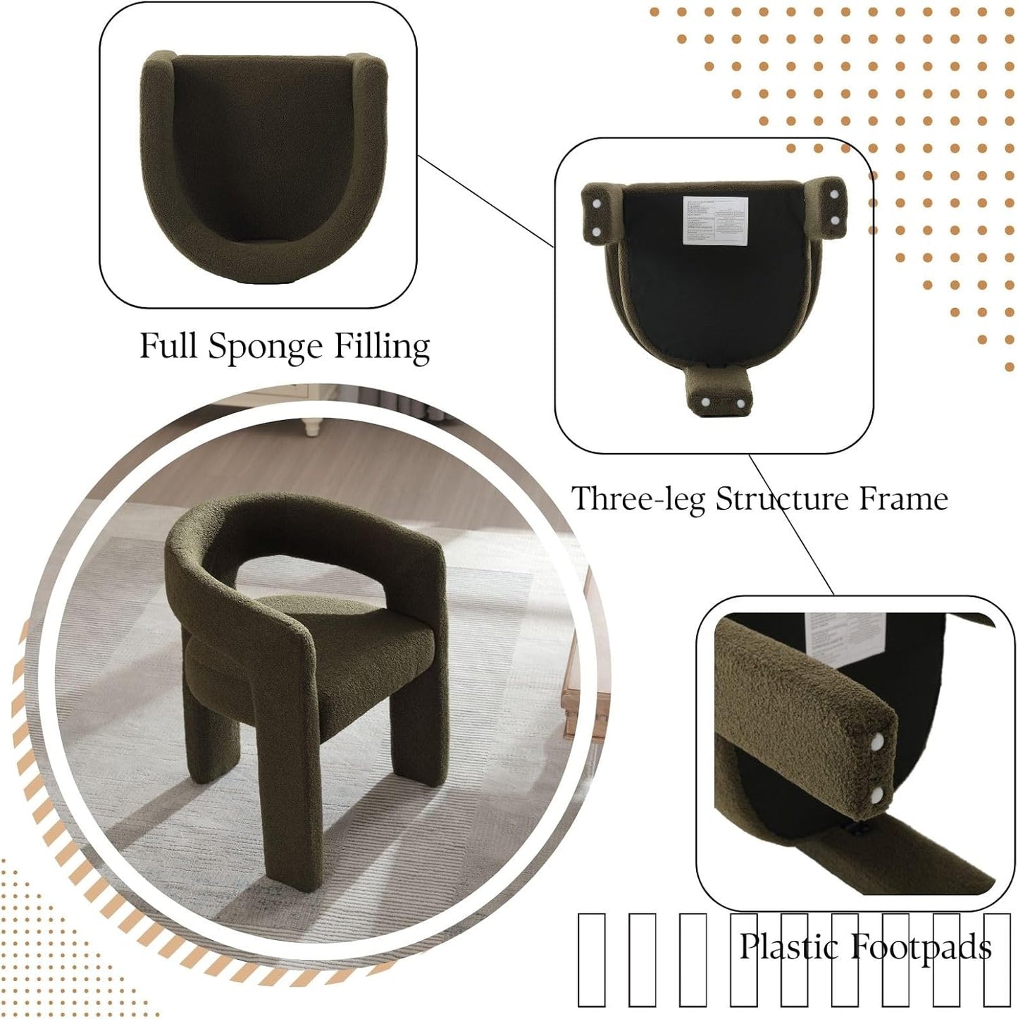 Green Sherpa Dining Chairs Set of 6, Modern Barrel Dining Room Chairs Upholstered Faux Fur Accent Chair with Arms and Round Back for Living Room Kitchen Armchair No Assembly Needed