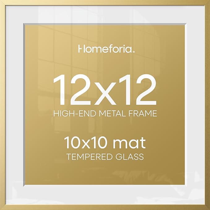 Homeforia 12x12 Picture Frame Gold, High End Metal 12 x 12 Square Poster Frame with Mat 10 x 10 Photo, 12x12 Frame Matted to 10x10 Print, 12by12 Gold Hanging Frames, Tempered Glass, Wall Kit, Set of 2