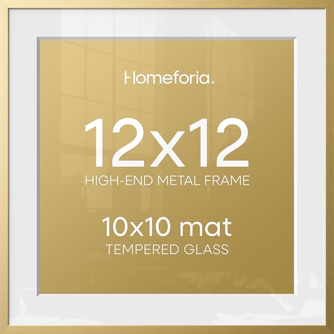 Homeforia 12x12 Picture Frame Gold, High End Metal 12 x 12 Square Poster Frame with Mat 10 x 10 Photo, 12x12 Frame Matted to 10x10 Print, 12by12 Gold Hanging Frames, Tempered Glass, Wall Kit, Set of 4