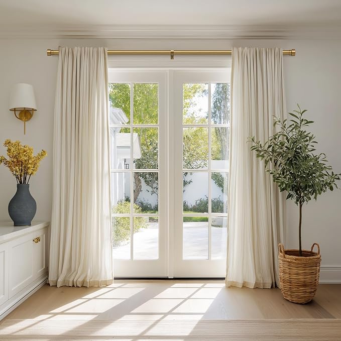 Lootkell 2 Pack Warm Gold Curtain Rods for Windows 48 to 84 Adjustable Length Heavy Duty 1" Diameter Brass Window Curtain Rod with Solid Metal Finials for Outdoor Farmhouse Bedroom Kitchen Living Room