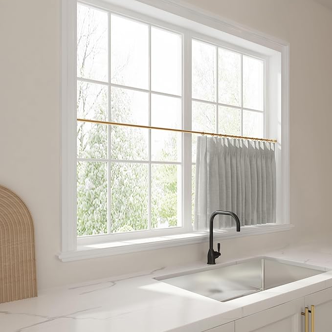 TWOPAGES 52" W x 36" L Linen Blend Cafe Curtains for Kitchen Window, Light Filtering Pinch Pleated Tier Curtains, Modern Farmhouse Half Window Curtains for Bathroom, Fog, 2 Panels