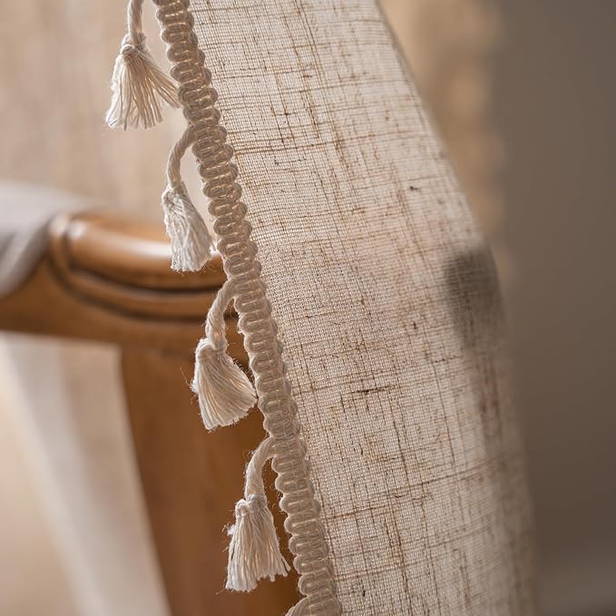 OYX Boho Curtains Crochet Lace Patchwork Semi-Blackout Bohemian Handmade Tassels, Rod Pocket Window Treatment Vintage Rustic Farmhouse Drapes for Living Bedroom, 2 Panel 52" W x 96" L, Beige