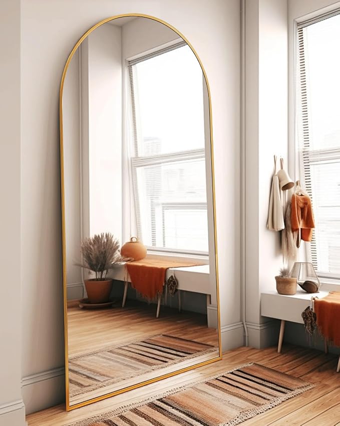 DYNWELL Arched Full Length Mirror, Floor Mirror with Stand, 38"x77" Large Mirror, Wall Mirror Full Length, Gold Floor Length Mirror, Body Floor Mirror, Wall Mounted Mirror for Bedroom, Gold
