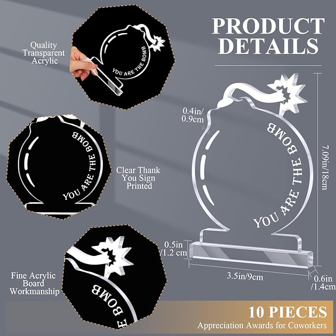 Bucherry 10 Pcs Employee Appreciation Awards for Coworker Acrylic Thank You Trophy May You Be Proud of the Work You Do Sign Prizes for Adults Retirement Goodbye Farewell Gift for Women Men (Bomb)