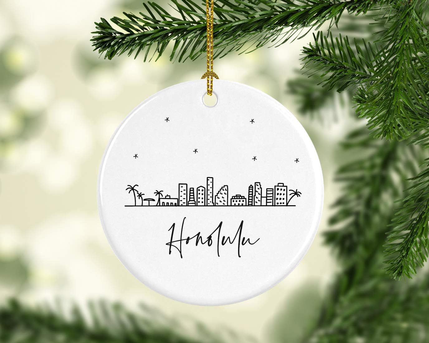 Andaz Press Round Ceramic Porcelain Christmas Tree Ornament Keepsake, Honolulu Black and White Stars City Skyline Graphic, 1-Pack, Birthday Gift Idea for Family, Coworker, Him, Her, Includes Gift Box