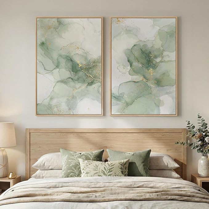 Framed Sage Green Abstract Wall Art for Living Room, Large Set of 2 Green Gold Canvas Artwork for Walls, Minimalist Modern Paintings Print Wall Decor for Bedroom Dining Room Office Hallway, 24x36 Inch