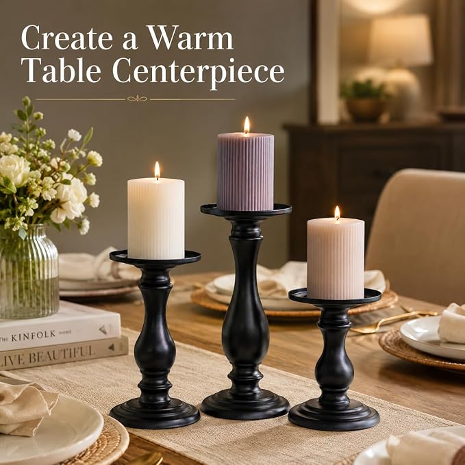 Matte Black Pillar Candle Holders Set of 3-10", 8", 6”H Candlestick Candle Holders Stand, Home Coffee Table Decor Decorations Centerpiece for Dining/Living Room