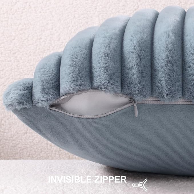 Pallene Faux Fur Plush Throw Pillow Covers 22x22 Set of 2, Luxury Soft Fluffy Striped Decorative Pillow Covers for Sofa, Couch, Living Room, Blue Grey