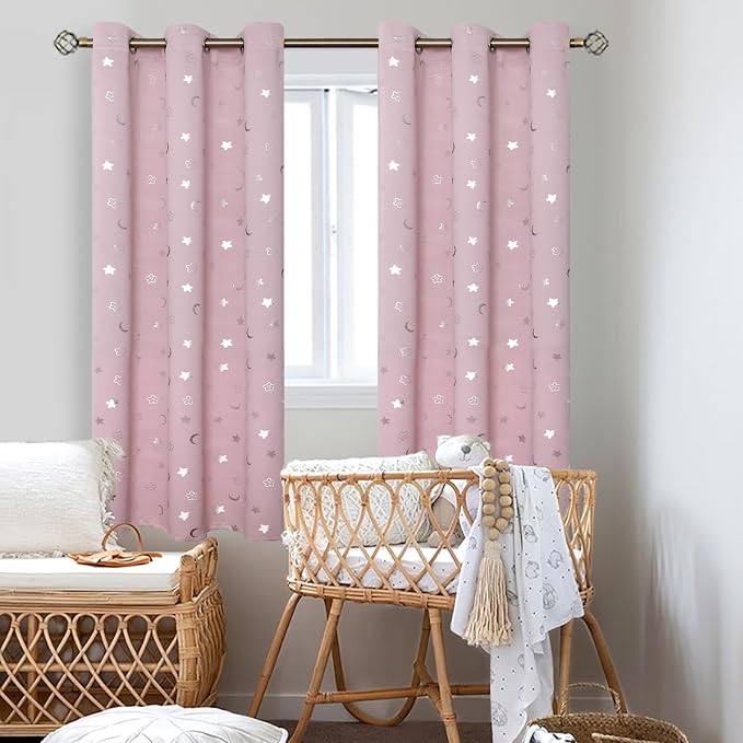BGment Pink Curtains for Girls Bedroom, Star and Moon Blackout Curtains for Kids Room 63 Inch Long, Thermal Insulated Room Darkening Nursery Window Curtains with Grommet, 2 Panels, 42 Wide, Light Pink