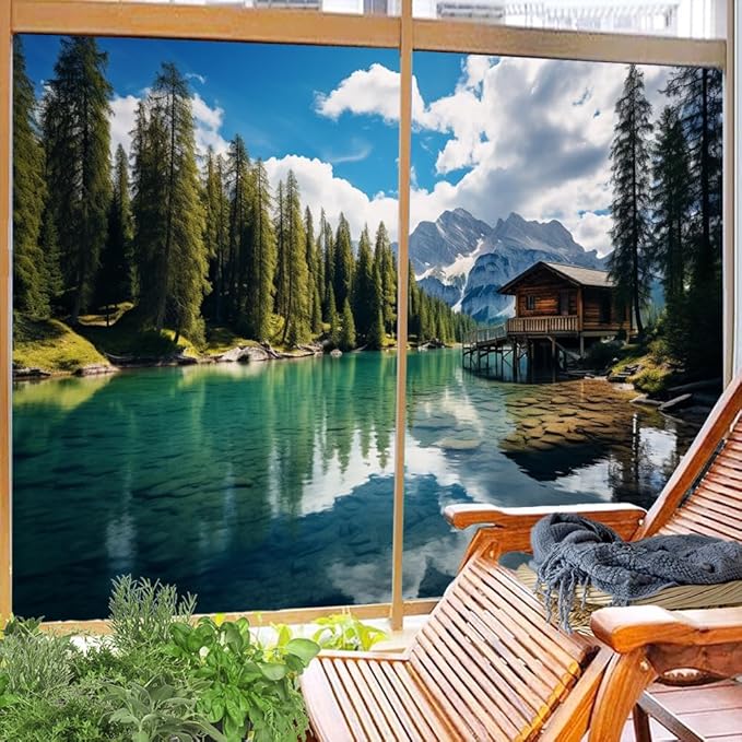 Modern Lake Privacy Window Film Simple Cabin Nature Tree Mountain View Glass Sticker Window Film Home Windows Glass Decorative Door Covering Sun Blocking 27.6Wx39.4L inch x 2pcs