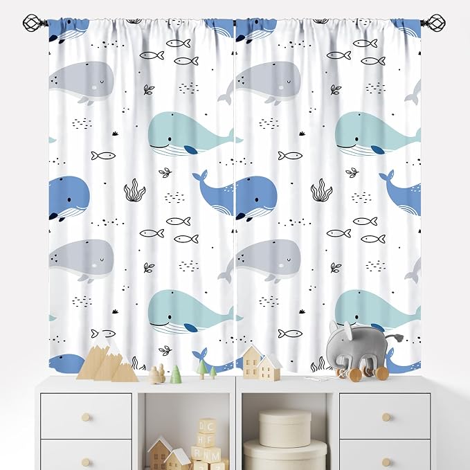 YCness Cartoon Whale Curtains Cute Ocean Animal Blue Gray Abstract Fish Art Printed Blackout Window Drapes for Boys Girls Bedroom Nursery Decor Fabric Set 2 Panel 63x72 Inch 80% Shading Rate
