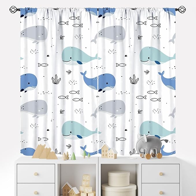YCness Cartoon Whale Curtains Cute Ocean Animal Blue Gray Abstract Fish Art Printed Blackout Window Drapes for Boys Girls Bedroom Nursery Decor Fabric Set 2 Panel 84x84 Inch 80% Shading Rate
