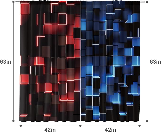 MESHELLY Red and Blue Curtains 42Wx63H Inch Rod Pocket Abstract 3D Cubes Gradient Design Cool Modern Men Boys Game Gaming Checkered Bedroom Window Drapes Aesthetic Printed Living Room Window Treatment