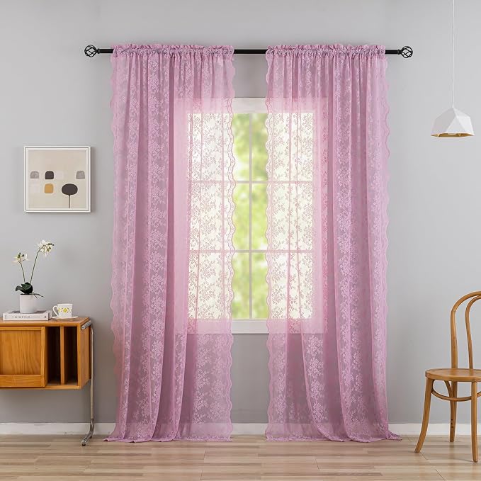 YJ YANJUN Vintage Lace Curtains 72 Inches Long-Victorian Floral Pattern Lilac Sheer Curtain Panels for Living Room Bedroom,Light Filtering, Cute Girls Drapes 2 Panels 52W x 72L Purple Blush