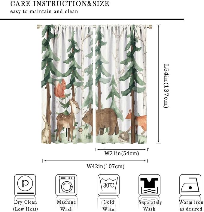 Forest Nursery Curtains - Woodland Bear & Wildlife Theme, Blackout 42x54 Inch 2 Panels