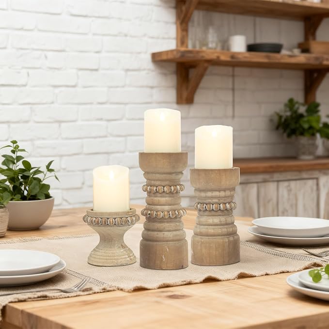 Rustic Natural Wood Candle Holders Set of 3, Farmhouse Beaded Wood Pillar Candle Holder, Candle Holders for Pillar Candles & Candlesticks, Candle Sticks Holder Decor for Table Centerpiece