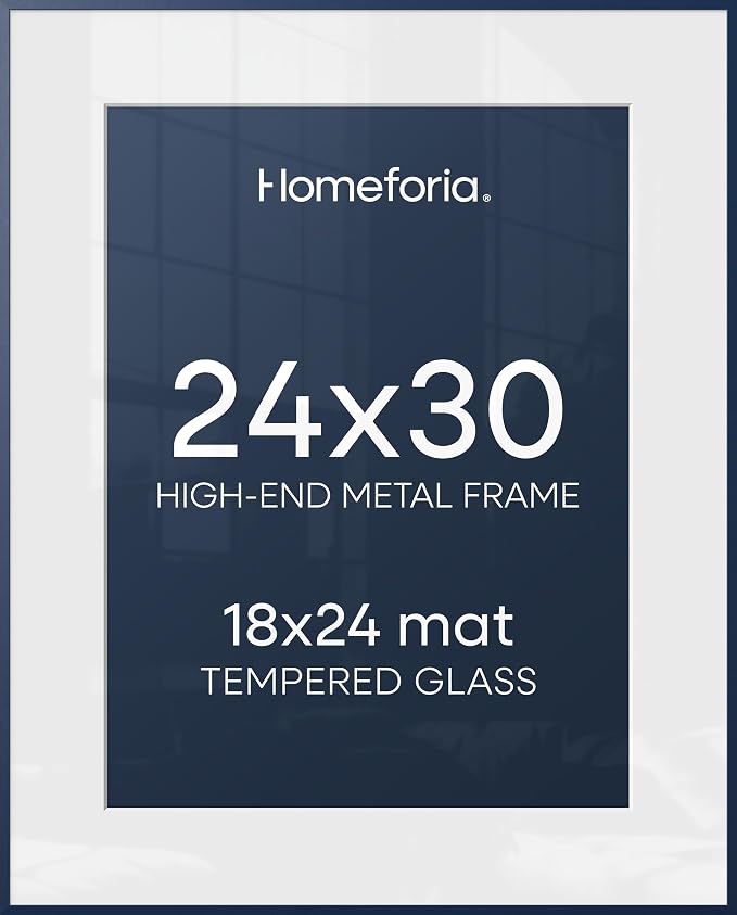 Homeforia 24x30 Frame Navy Blue, High End Metal 24x30 Picture Frames with Mat 18x24 Photo, 24 x 30 Thin Navy Blue Poster Frame Matted to 18 by 24, 30x24 Large Frame, Tempered Glass, Wall Kit, Set of 2