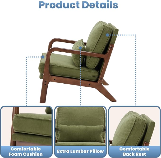 DUMOS Mid Century Modern Accent Chairs Set of 2, Armchair with Lumbar Pillow and Waist Cushion, Solid Wood Frame Lounge Chair for Living Room, Bedroom, Reading Nook, Small Apartment Corner, Green